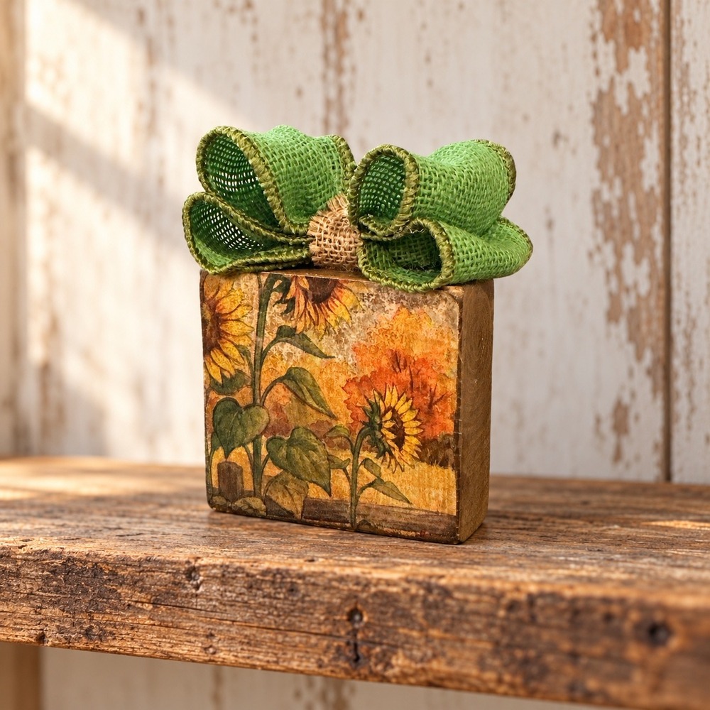 Handmade Sunflower Wood Block Decor with Green Burlap Bow 4x4 Fall Farmhouse